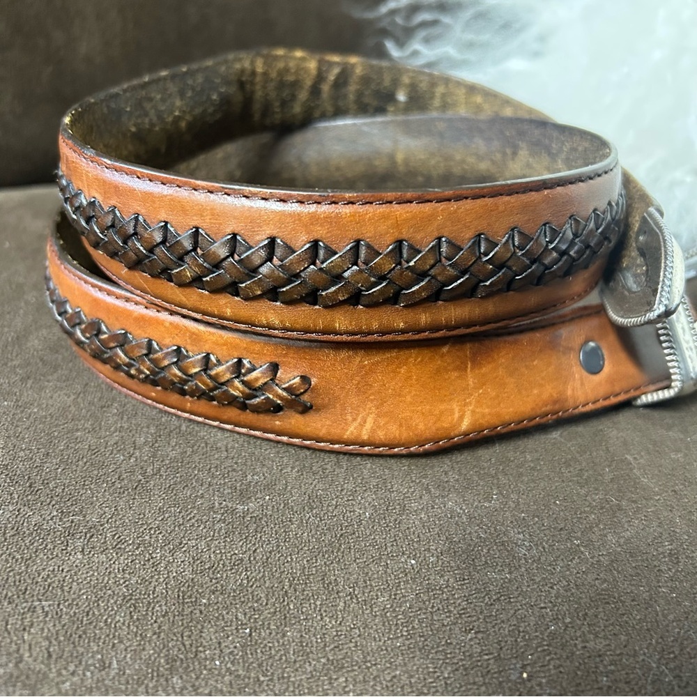 Tony Lama vintage genuine leather belt with braided center silver buckle 36 - Picture 2 of 13